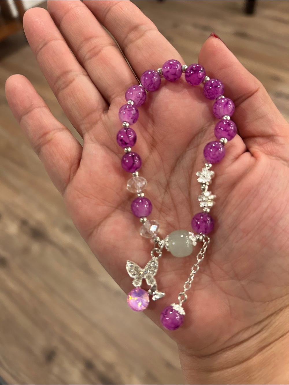 Purple Beaded Charm Bracelet with Butterfly Accent